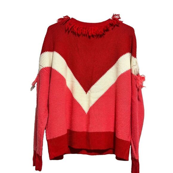 Lovers + Friends Nikki Fringe Colorblock Pullover Sweater Red Pink Medium Wool - Picture 4 of 7